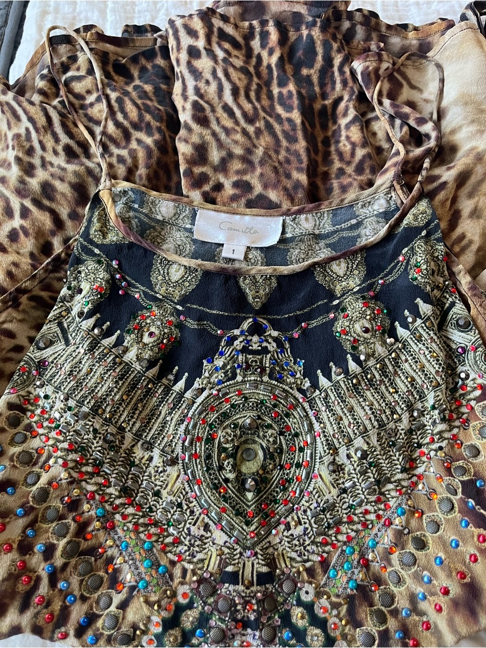 Camilla Leopard Print Silk embellished rhinestone Romper Playsuit in Brown & Tan - Picture 12 of 16